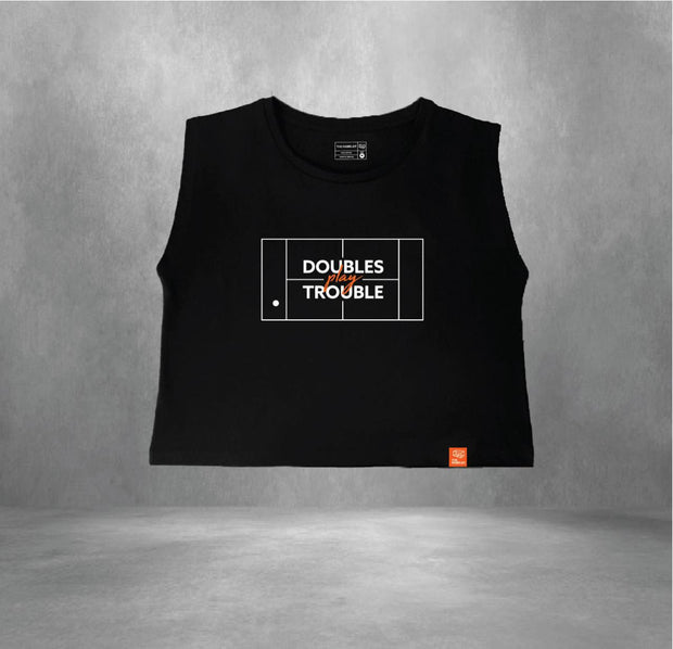DOUBLES PLAY TROUBLE SLEEVELESS RIBBED VEST CROP TOP- BLACK