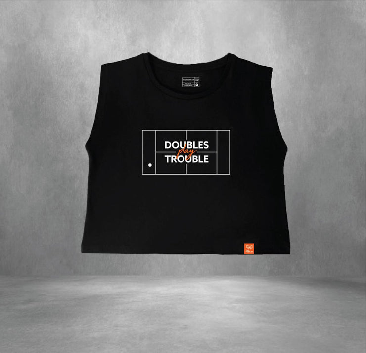 DOUBLES PLAY TROUBLE SLEEVELESS RIBBED VEST CROP TOP- BLACK