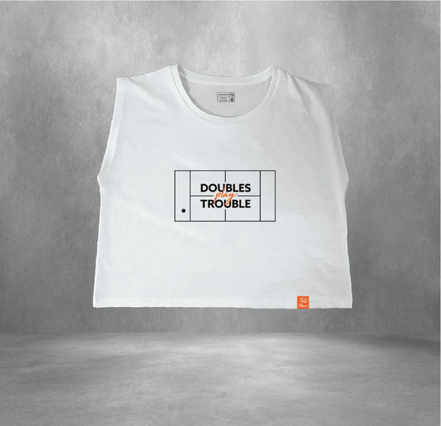 DOUBLES PLAY TROUBLE SLEEVELESS RIBBED VEST CROP TOP- WHITE
